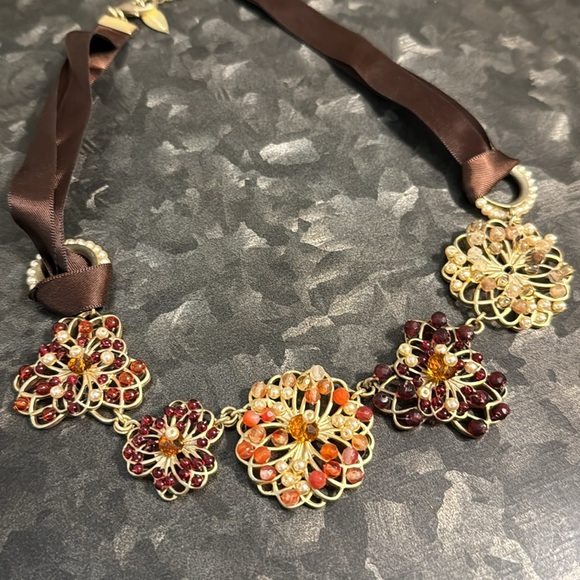 Coldwater Creek Floral Beaded Gold Wire Collar Bib Ribbon Necklace Flowers - Picture 2 of 5